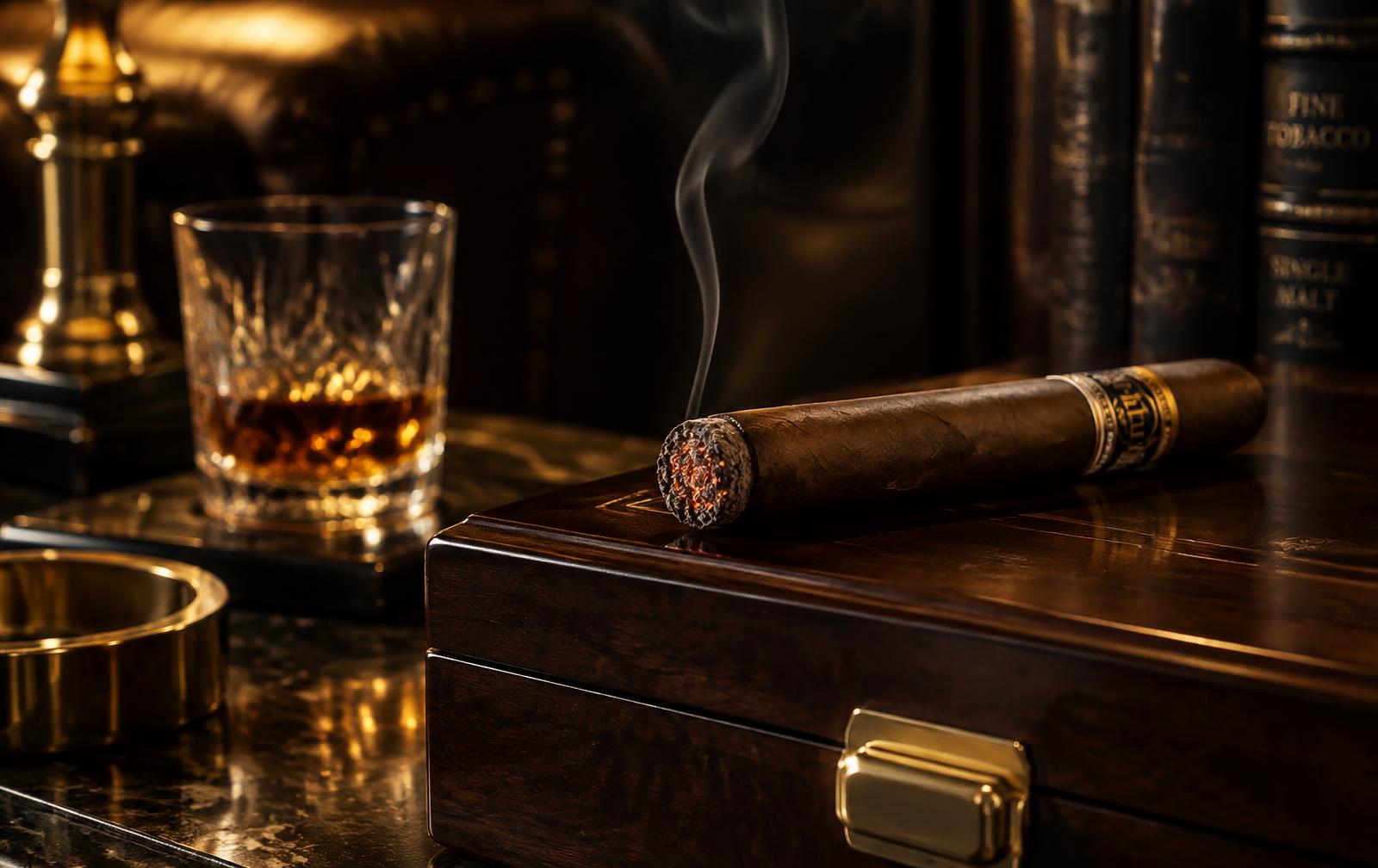Brennende Zigarre auf einem Humidor neben einem Glas Whisky